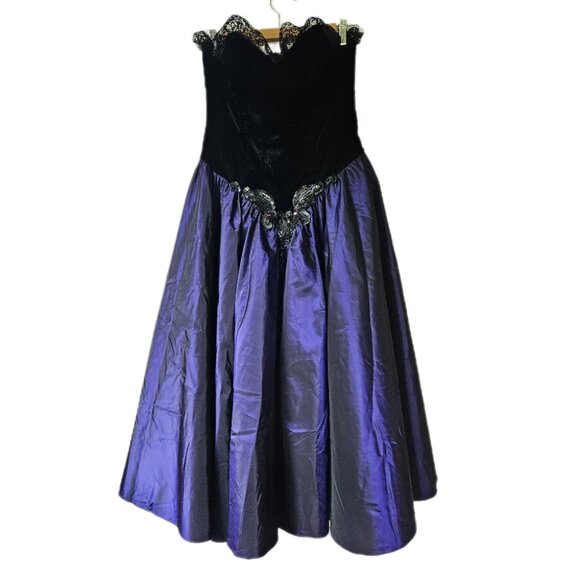 VTG 80s Party Dress 6 Black Velvet Corset Purple Skirt Dark Princes Goth - Picture 3 of 15